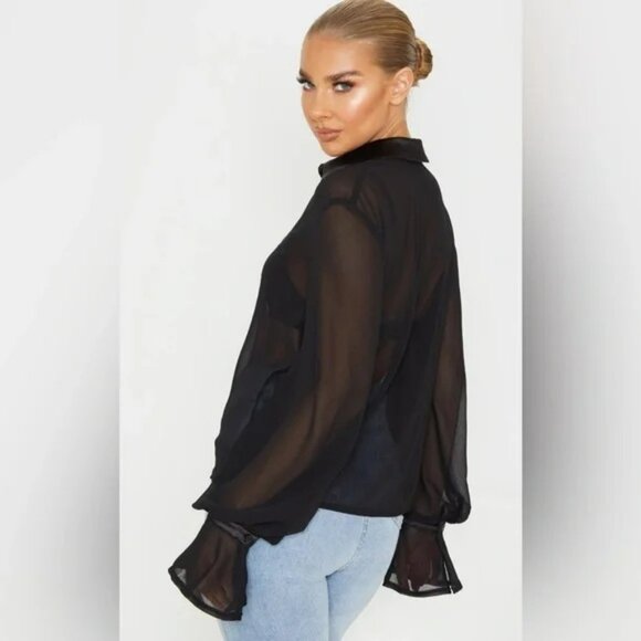 Black Chiffon Sheer Ruffle Sleeve Blouse 10 PLT Button Up Satin Trim Dressy EUC - Picture 3 of 10